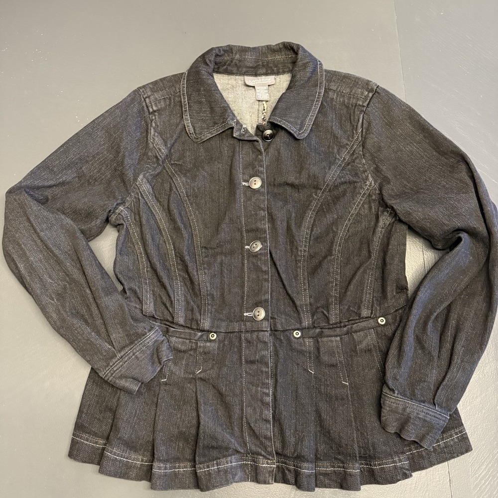 Motto Y2K Denim Blazer Jacket Pleated/Fitted Girly Ruffles VTG Size Small Blk